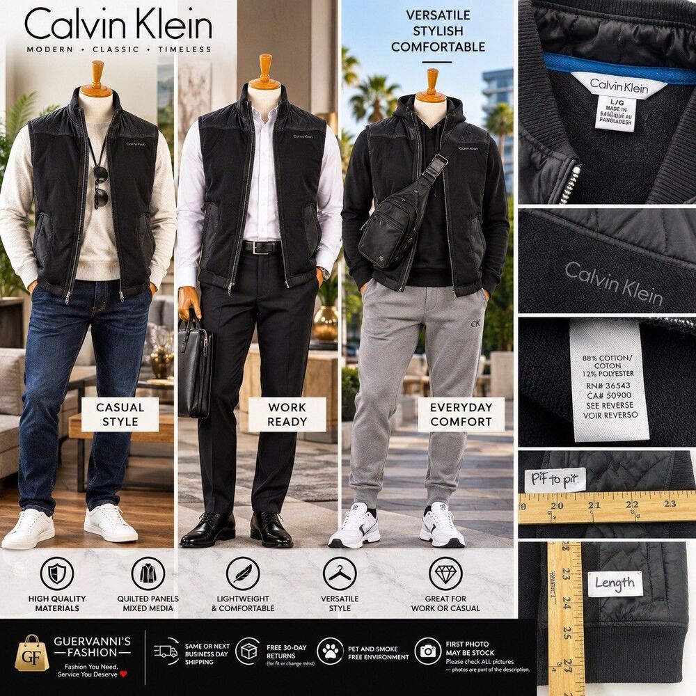 Calvin Klein Vest Mens Size L Black Polyester Full Zip + Snap
